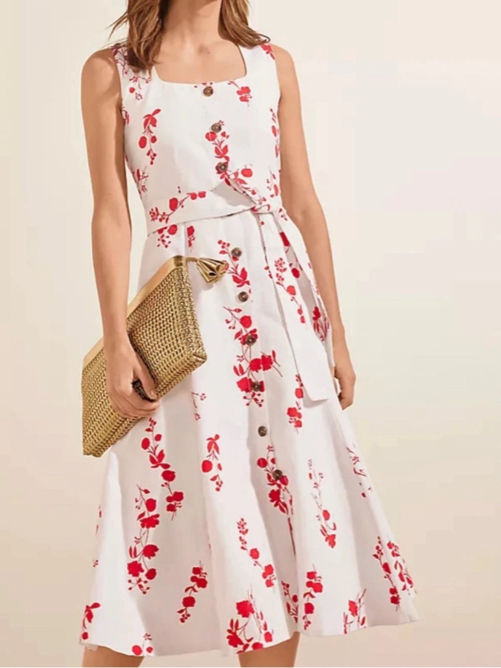 Ann Taylor White Red Floral Linen Blend Square Neck Midi Dress Size 12 Tall
